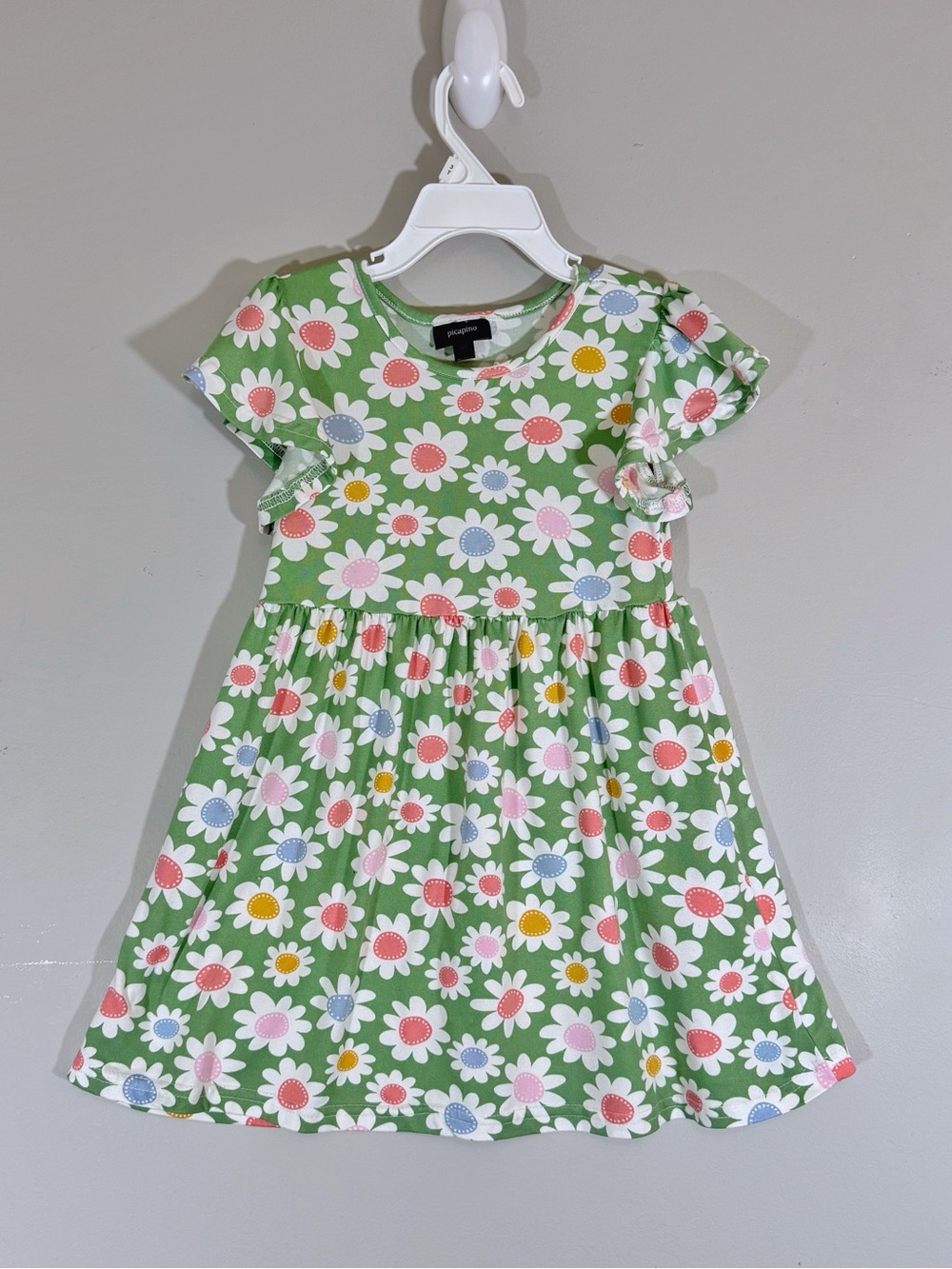 Picapino Green Retro Daisy Play Dress Flutter Sleeves Girl’s Size 4T Summer